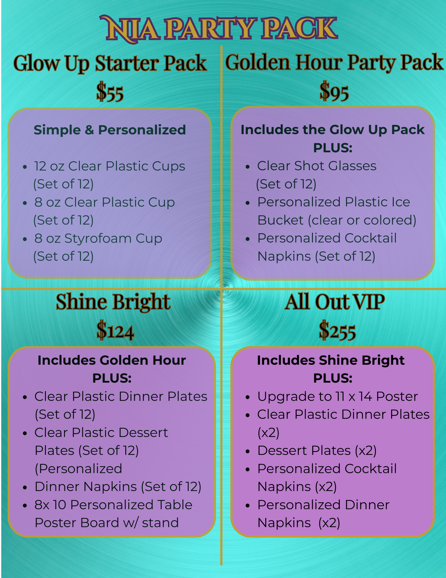 Nia Collection Personalized Party Packs | Glow Up, Golden Hour, Shine & Celebrate, VIP