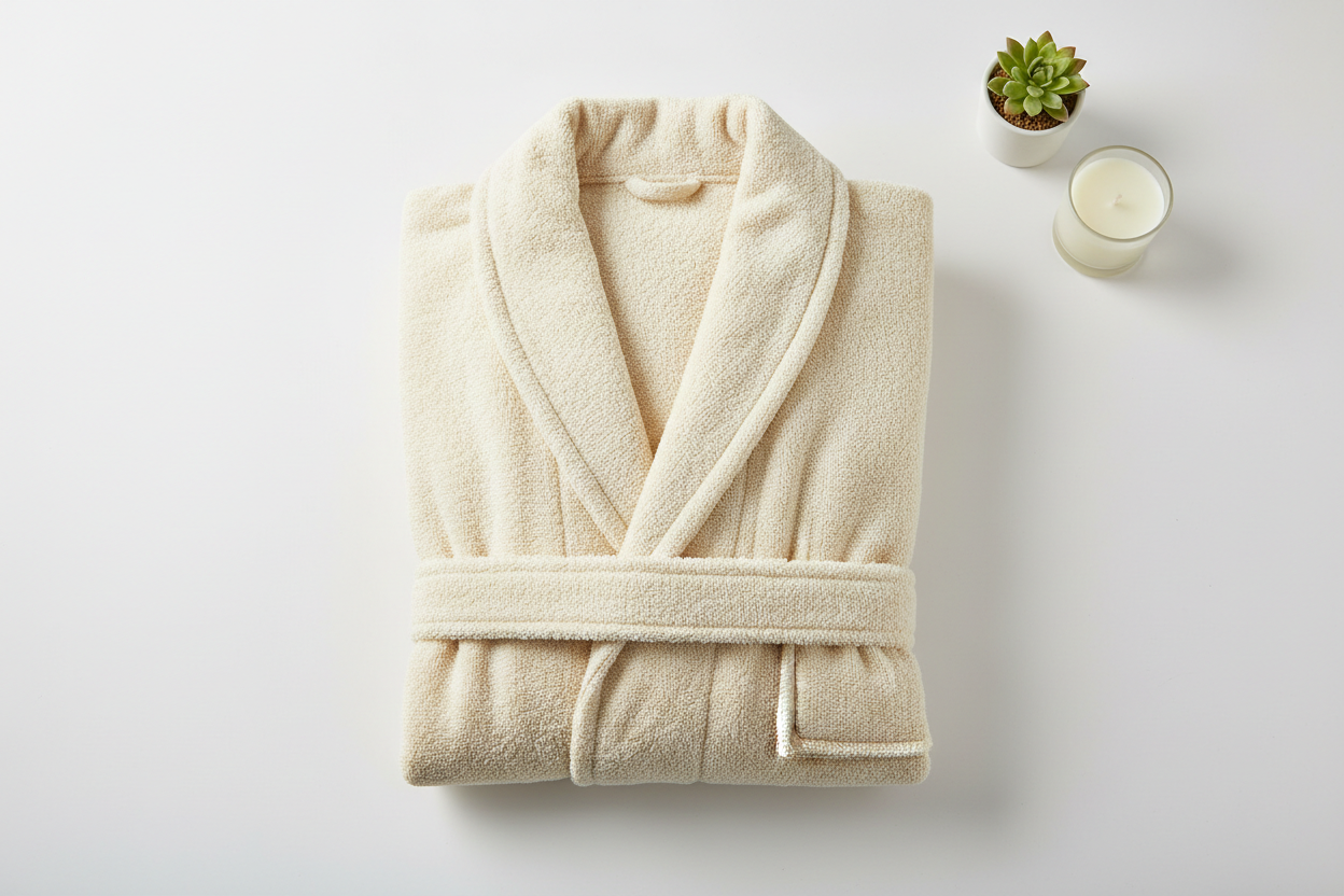 comfy, plush adult bath robe, create a flat lay folded version, a full length  with model wearing version and full length model wearing back facing version